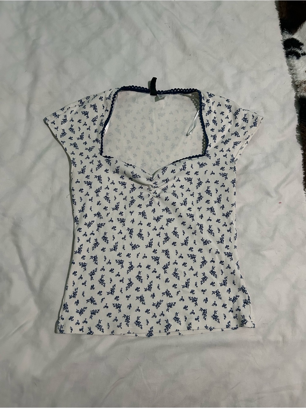 Divided White Short-Sleeve Ribbed Top with Blue Floral Print